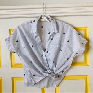 Embroidered Peace Sign Tie-front Shirt